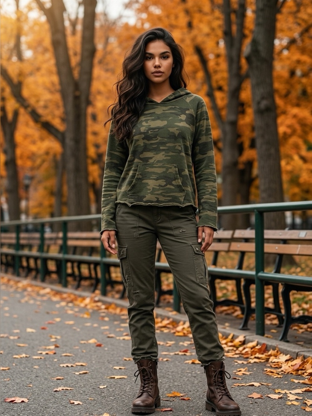 Sanctuary Womens Medium Green Camo Hoodie Pullover Raw Hem Kangaroo Pocket